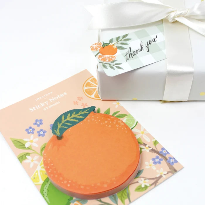 Orange-themed sticky notes with a gift box and card on a white background