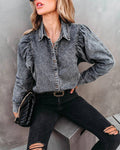 The Perfect Fall Denim Top - Denim Pockets Lapel Puff Sleeve