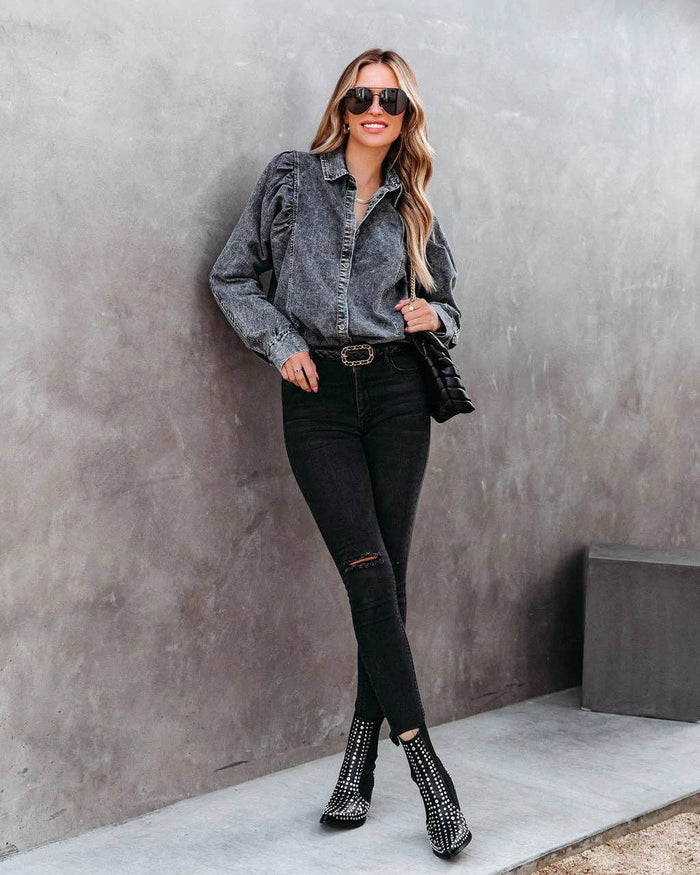 The Perfect Fall Denim Top - Denim Pockets Lapel Puff Sleeve