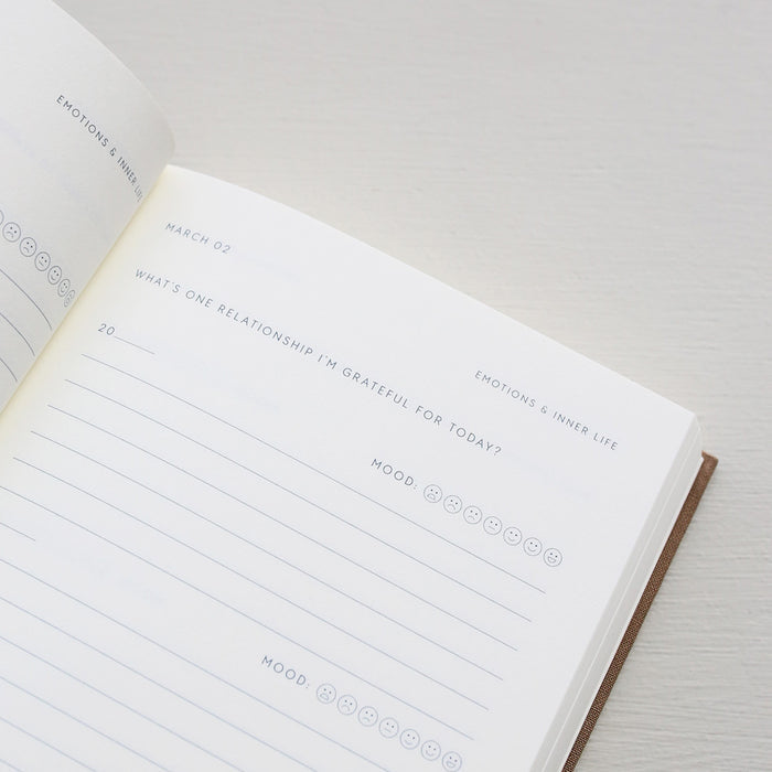 Open notebook with a page showing text prompts and emoji icons from 'Treårsdagbogen' on a light background
