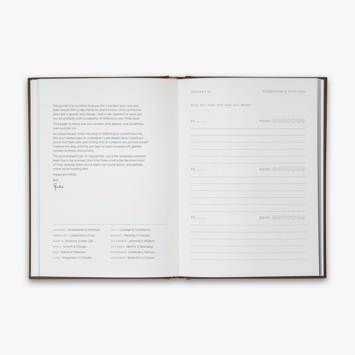 Open book from our Three Year Journal with short description of the purpose of the book and the daily prompts on a white background