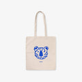 Beige tote bag with blue tiger face design on a white background