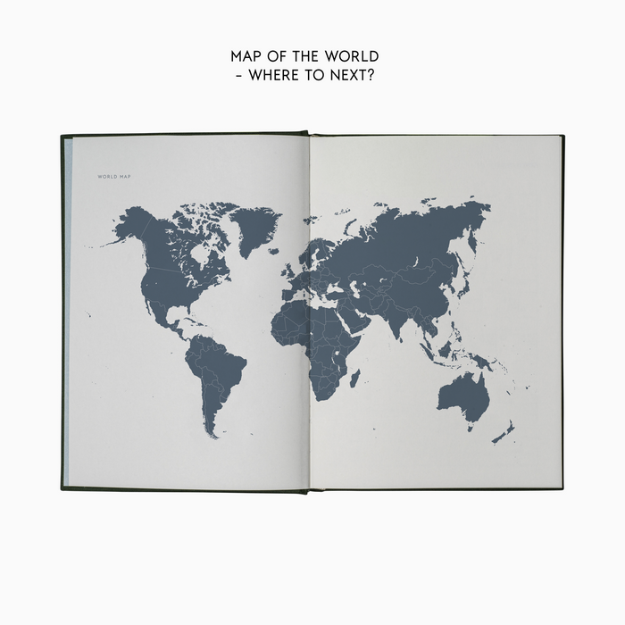 Pages in the travel journal with a map of the world.