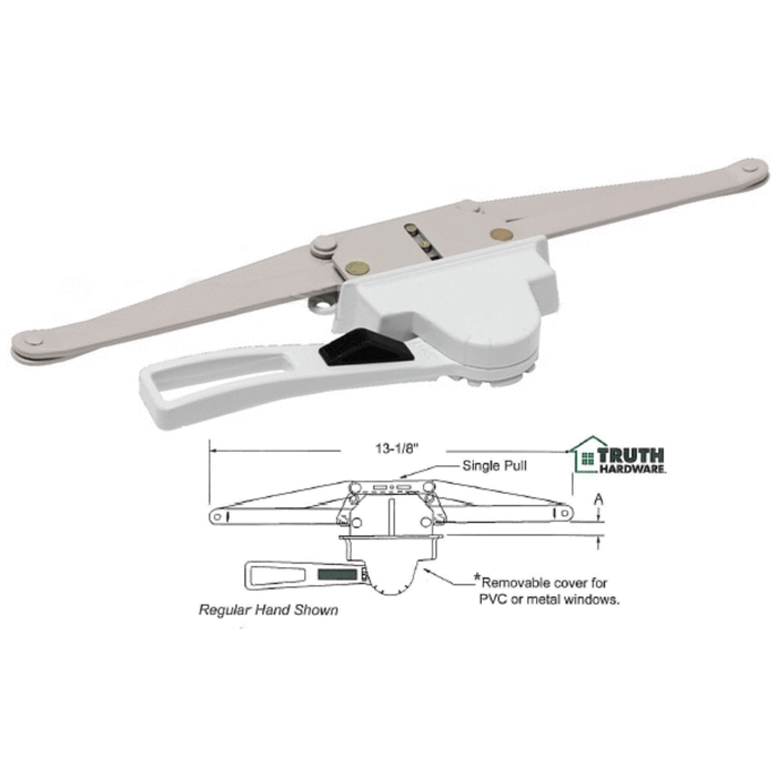Truth Hardware Regular Hand 13-1/8" Single Pull Lever Window Operator 1/2" Space For Housing - White - Reflect Window & Door