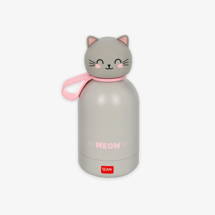 A light gray insulated bottle with a cute cat-shaped lid. The lid features a gray face with pink inner ears, a pink nose, whiskers, and a pink collar.