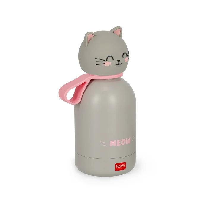 Cat-shaped water bottle with a pink handle on a white background