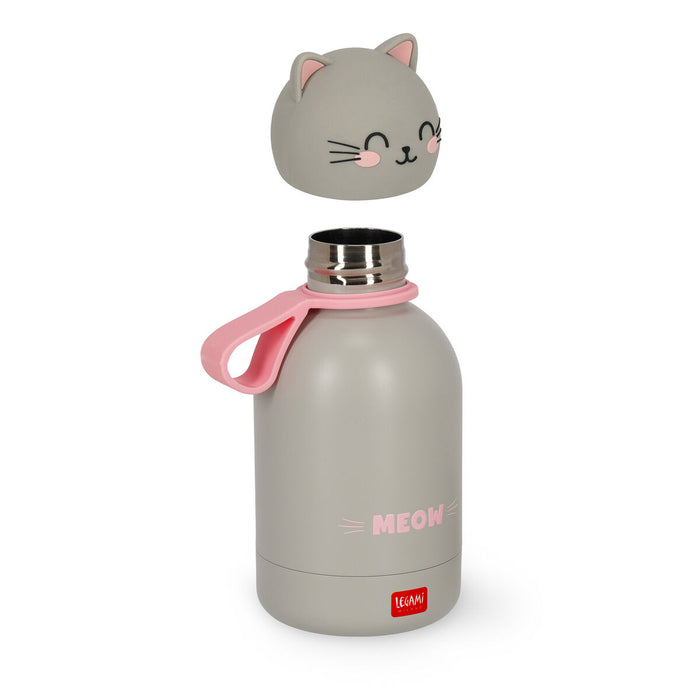 Gray water bottle with cat design and 'MEOW' text, on a white background