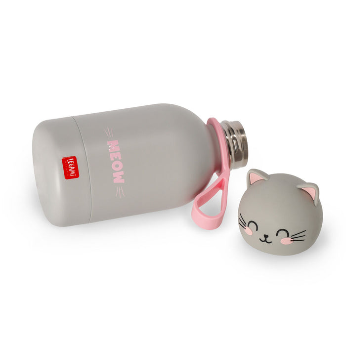 Gray water bottle with pink accents and a cat-shaped cap on a white background