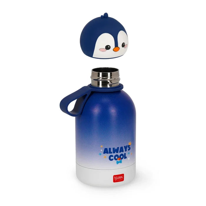 Blue water bottle with penguin design on a white background