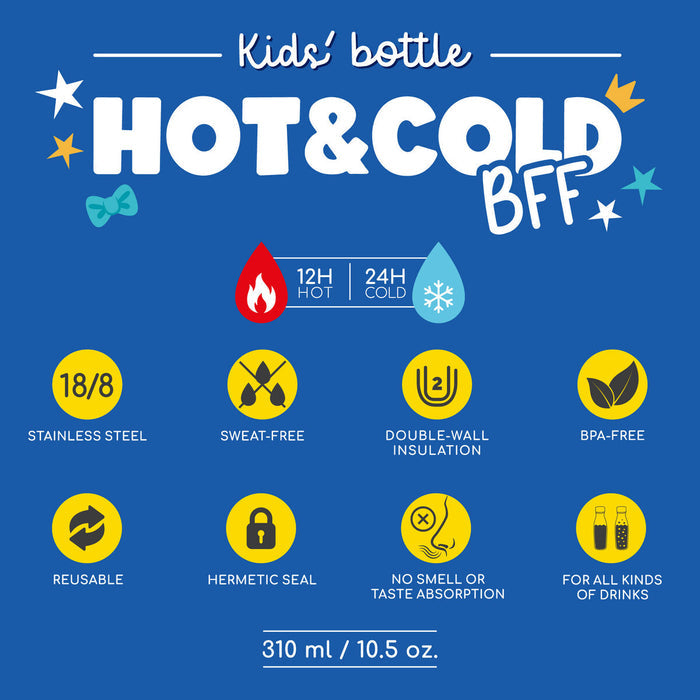 Promotional graphic for a 'Hot & Cold BFF' kids' bottle with features listed on a blue background.