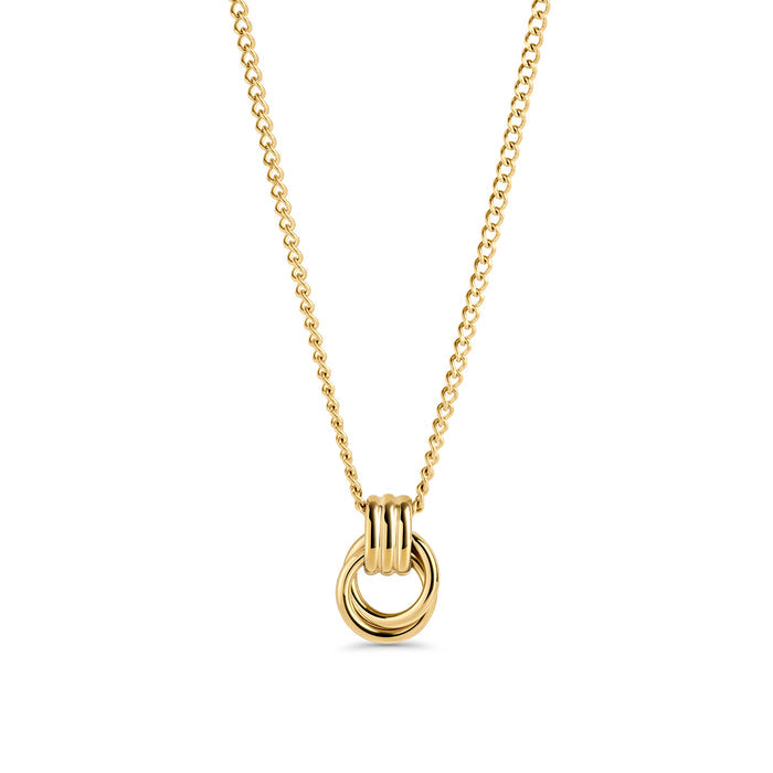 A gold chain necklace with a grooved circle pendant, shown on a clean white background. Waterproof, stainless steel and allergy free. By MIAJWL.

Collier à chaîne dorée avec pendentif cercle rainuré, présenté sur fond blanc épuré. Résistant à l'eau, en acier inoxydable et hypoallergénique. Par MIAJWL.