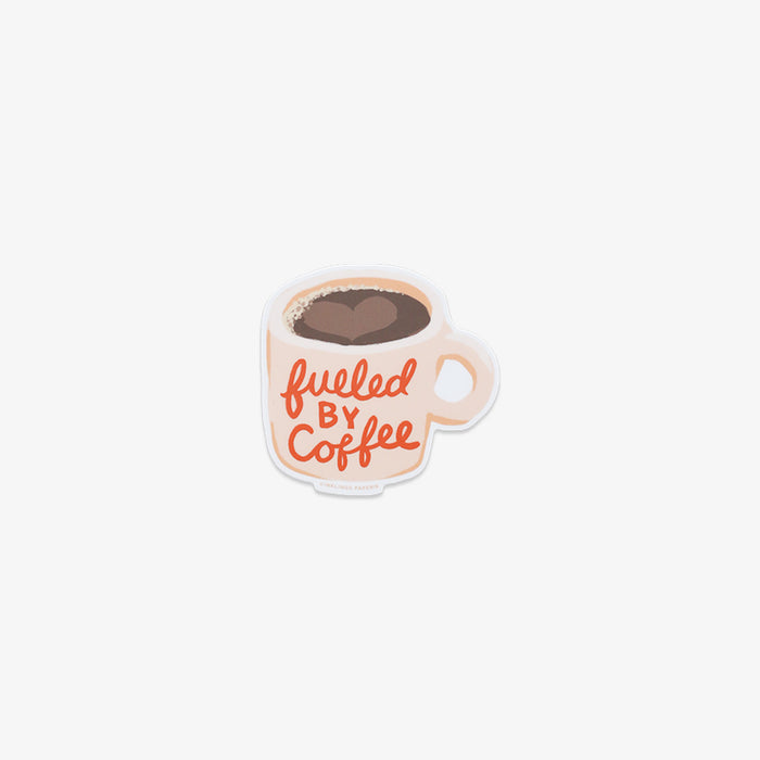 Vinyl sticker of a coffee cup with 'fueled by coffee' text on a white background