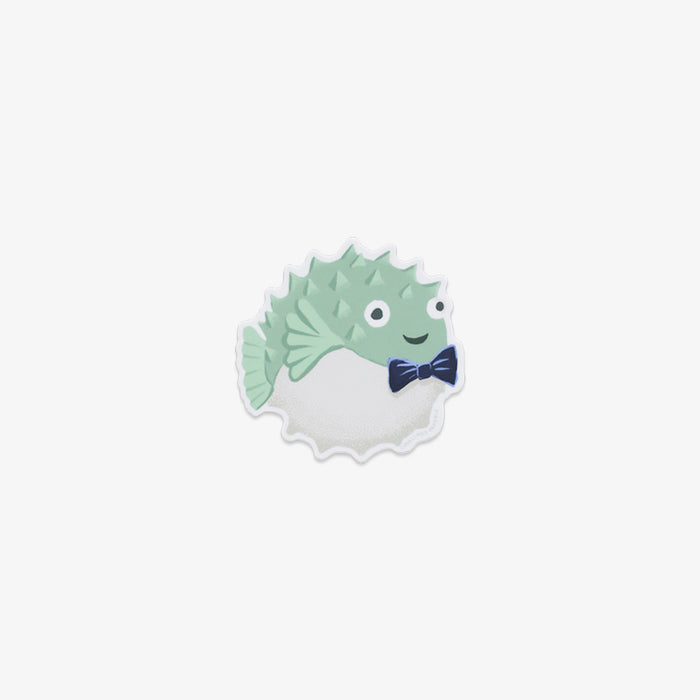 Vinyl Sticker Cartoonish fish character with a bow tie on a white background