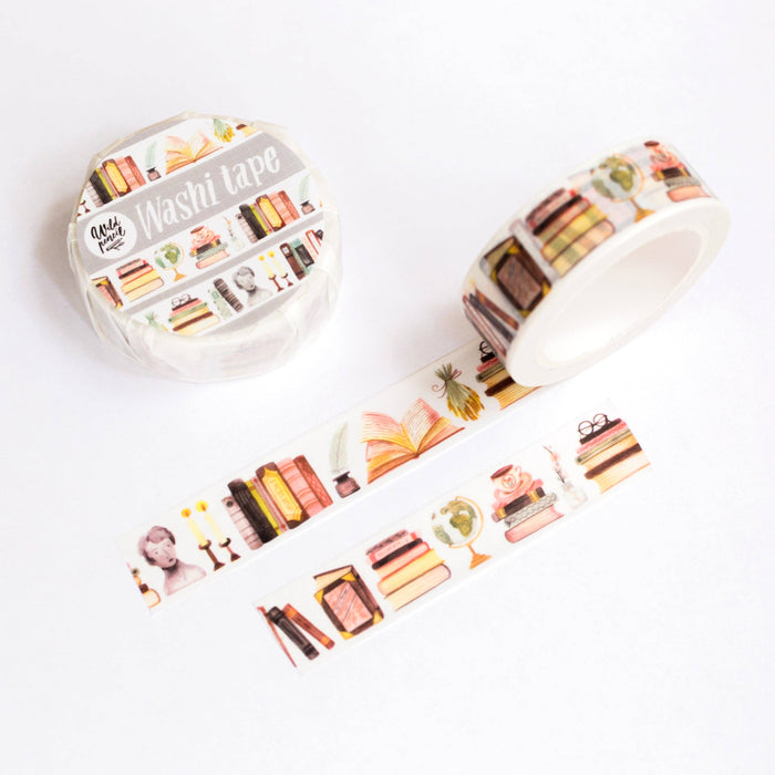 Two rolls of decorative washi tape with colorful designs of books on a white background