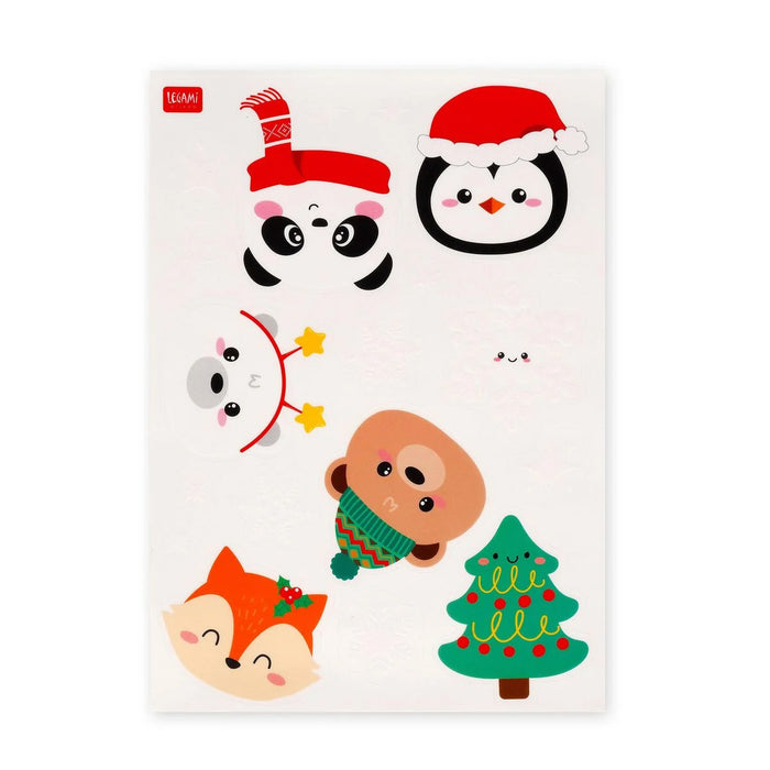Set of Christmas-themed window stickers featuring a panda, penguin, snowman, sloth, fox, and tree on a white background.