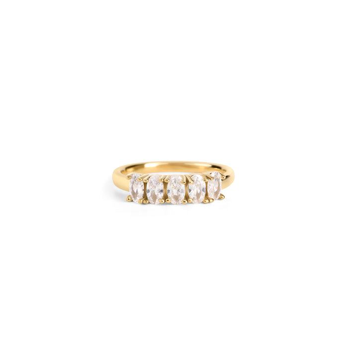 Front view of a delicate gold ring set with a row of oval clear stones on a white background. Nickel-free, waterproof & tarnish-resistant stainless steel ring for sensitive skin, minimalist luxury jewelry by Mia Bijoux Canada.

Vue de face d'une bague délicate dorée sertie d'une rangée de pierres transparentes ovales sur fond blanc. Bague en acier inoxydable sans nickel, résistante à l'eau et anti-ternissement pour peaux sensibles, bijouterie de luxe minimaliste par Mia Bijoux Canada.