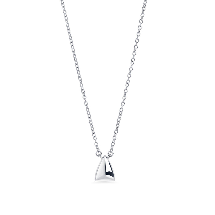Silver stainless steel geometric pendant necklace with minimalist triangular charm, modern elegant jewelry, hypoallergenic non-tarnish durable everyday necklace, sleek contemporary jewelry design.