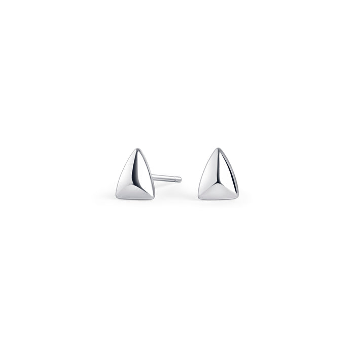 Silver stainless steel geometric stud earrings with triangular design, minimalist modern jewelry, hypoallergenic non-tarnish durable earrings, sleek everyday fashion jewelry.